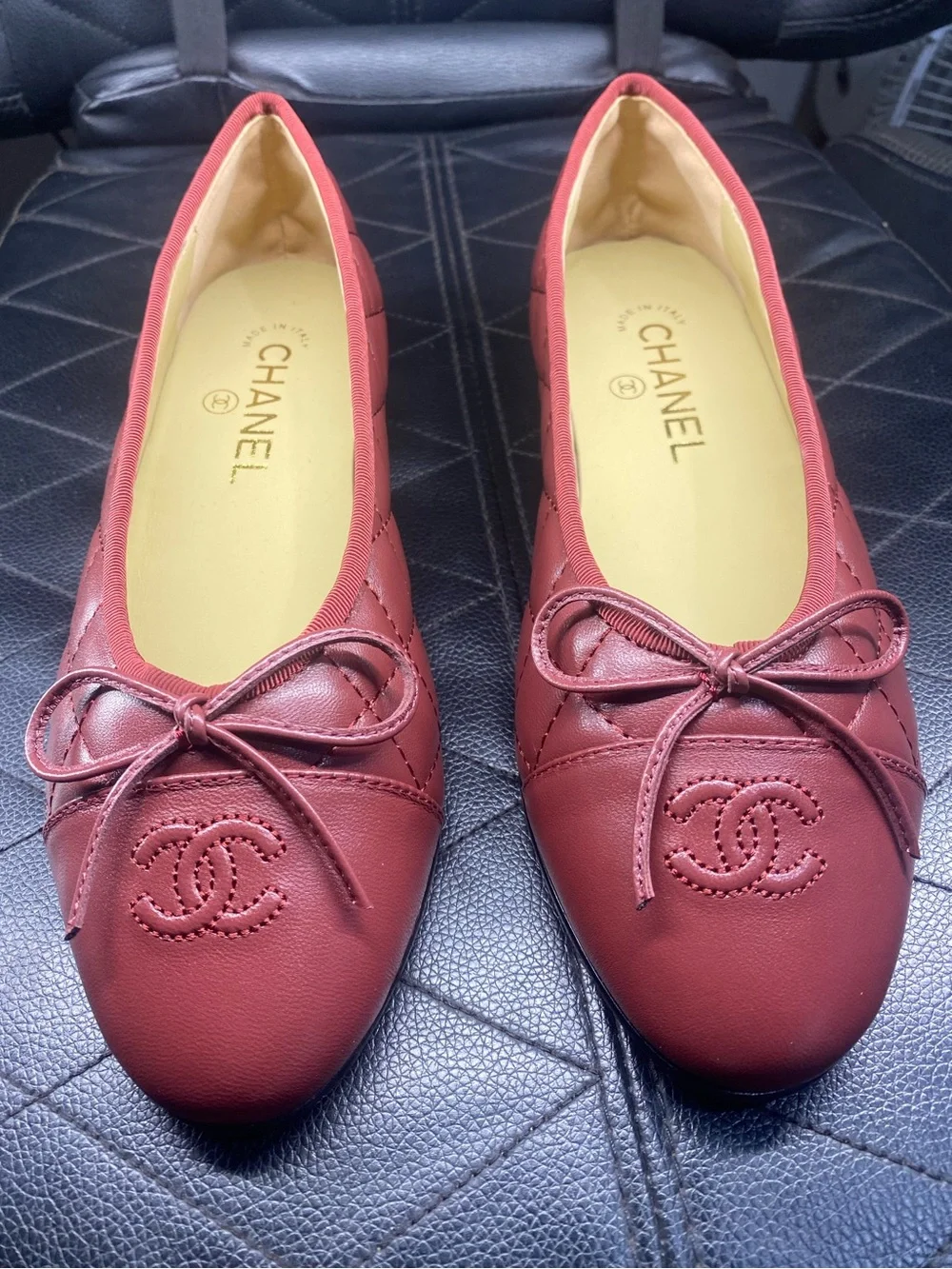 CHANEL Burgundy Leather Quilted CC Bow Ballet Flats 37EU